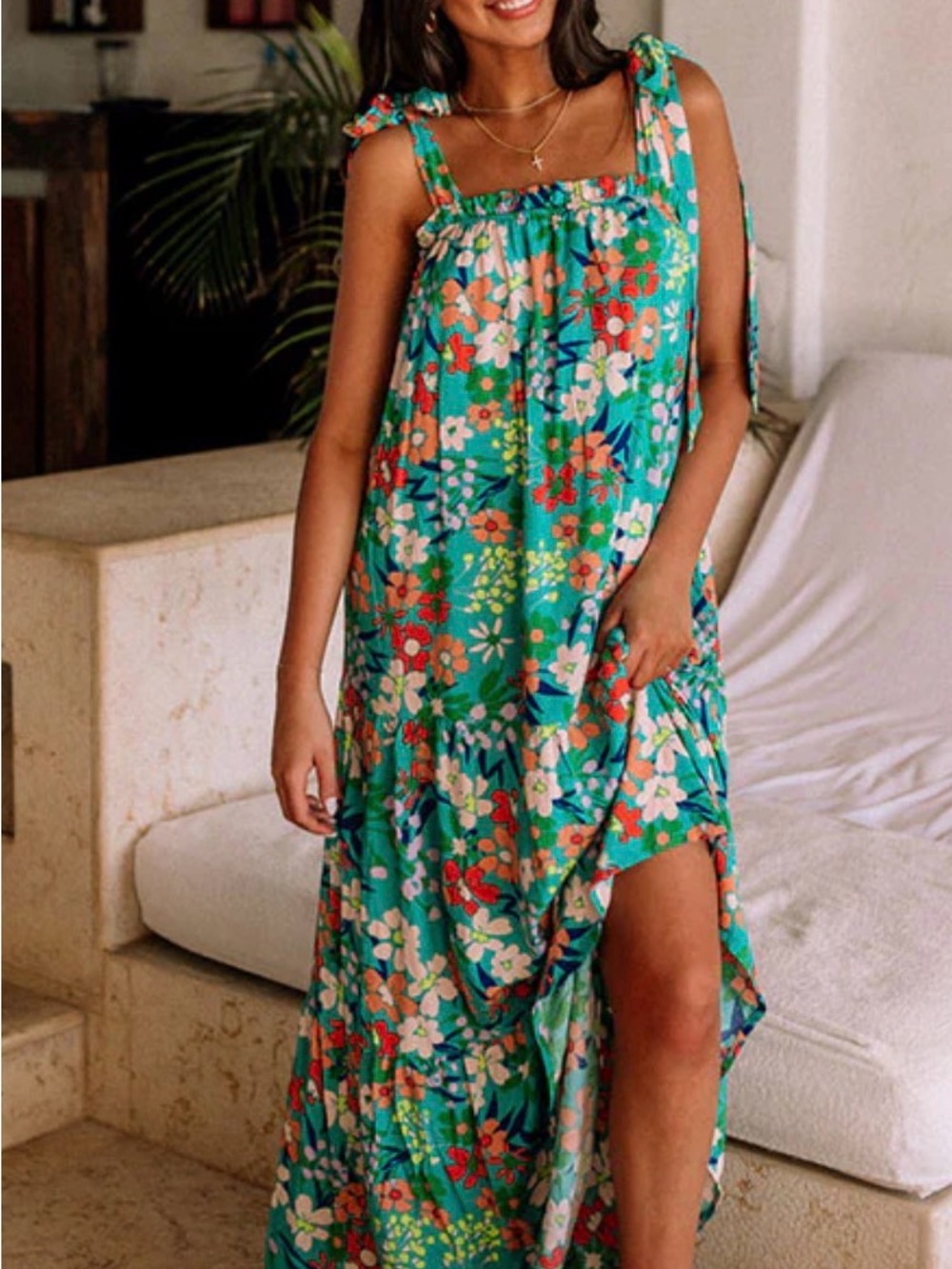 Impressions Teal Floral Elastic-Neck Maxi Dress